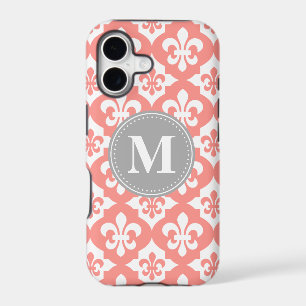Quatrefoil Fleur-De-Lis Coral Pink Grey Monogram
