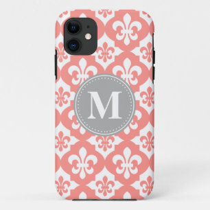 Quatrefoil Fleur-De-Lis Coral Pink Grey Monogram Case-Mate iPhone Case