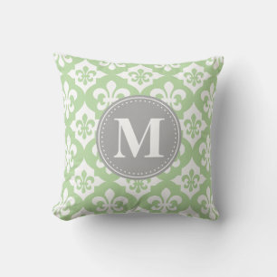 Quatrefoil Fleur-De-Lis Mint Green Grey Monogram Cushion