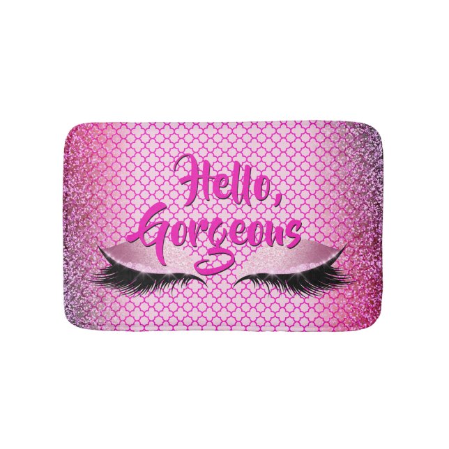 Quatrefoil Hello Gorgeous Makeup Girly Pink Bath Mat (Front)