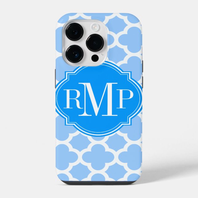 Quatrefoil Light Blue and White Pattern Monogram iPhone Case (Back)