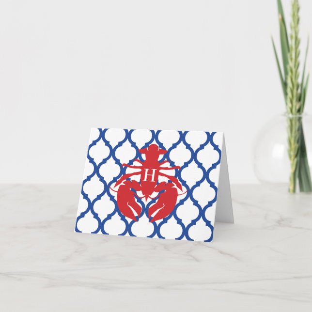 Quatrefoil Lobster Monogram Folded Note Card (Front)