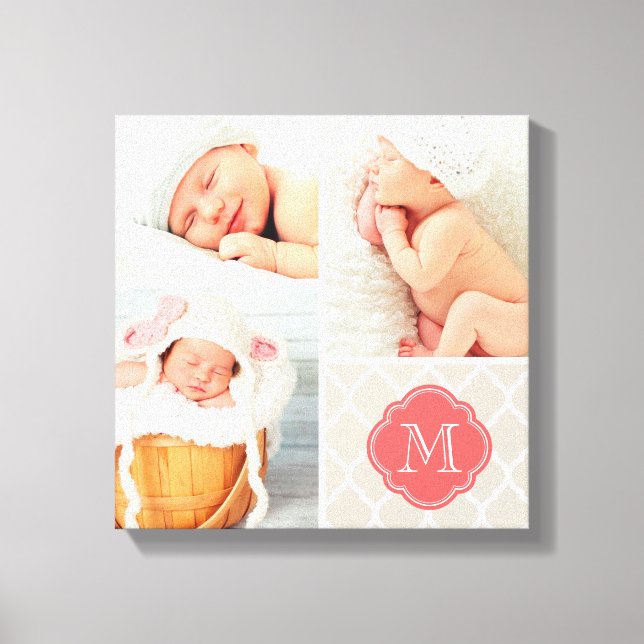 Quatrefoil Monogram Baby Photo Collage Nursery Art Canvas Print (Front)