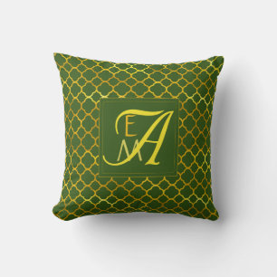 Quatrefoil MONOGRAM Green Gold Newlyweds Wedding Cushion