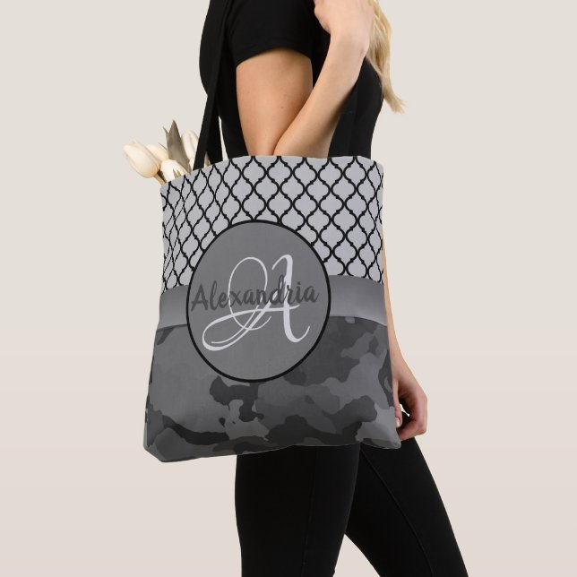 Quatrefoil Monogram Grey Camo Tote Bag (Close Up)
