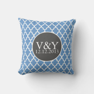 Quatrefoil Monogrammed Wedding Blue and White Cushion
