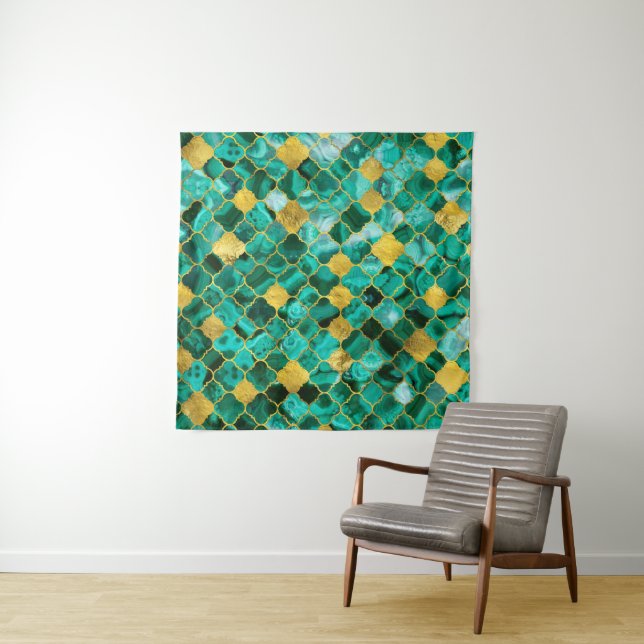 Quatrefoil Moroccan Pattern Malachite and gold Tapestry (In Situ)