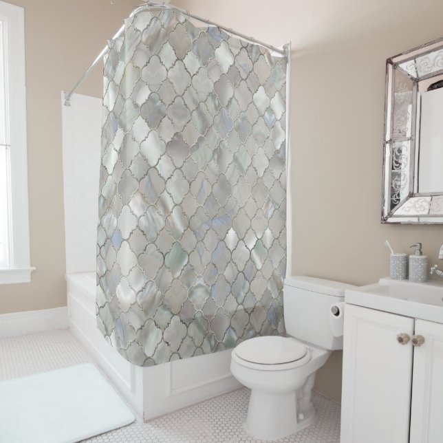 Quatrefoil Moroccan Pattern Mother of Pearl Shower Curtain (In Situ)