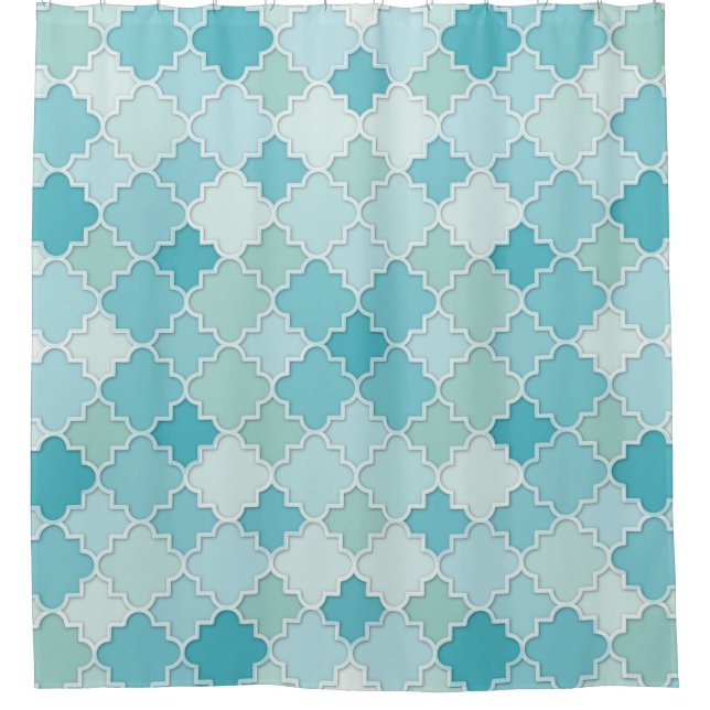 Quatrefoil Motif in Pastel Blue Aqua and Turquoise Shower Curtain (Front)