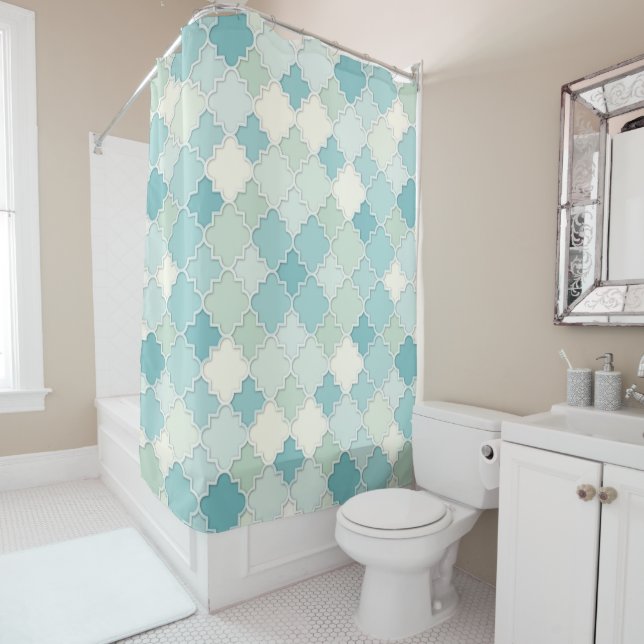 Quatrefoil Motif in Pastel Teal and Seafoam Green Shower Curtain (In Situ)