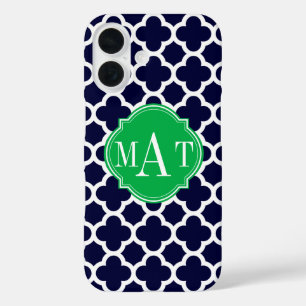 Quatrefoil Navy Blue and Kelly Green Monogram iPhone 16 Case