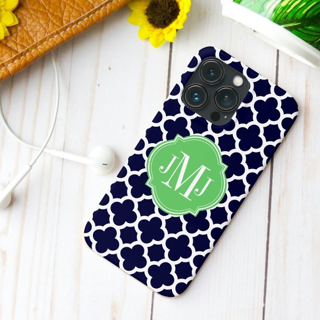 Quatrefoil Navy Blue and White Pattern Monogram Case-Mate iPhone Case (Quatrefoil Navy Blue and White Monogram iPhone Case back view.)