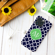 Quatrefoil Navy Blue and White Pattern Monogram