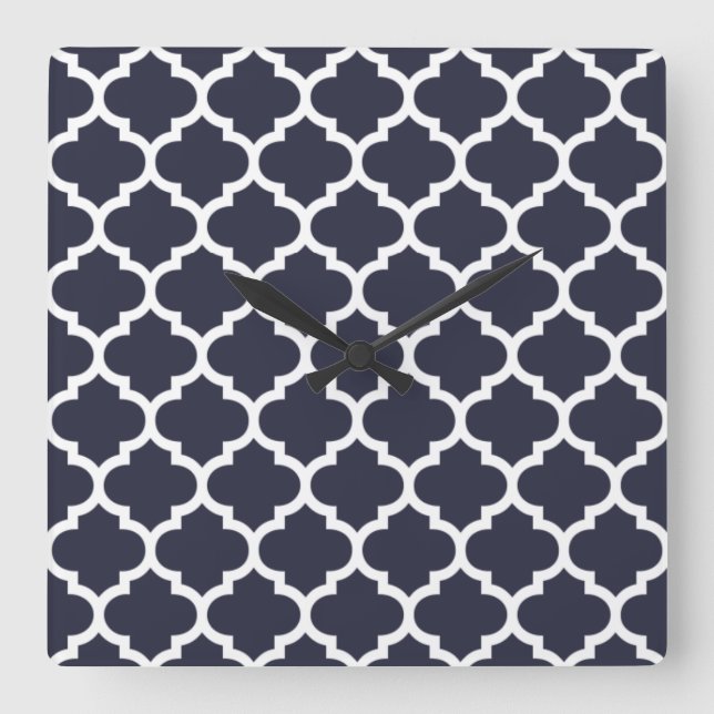 Quatrefoil Navy Blue Square Wall Clock (Front)