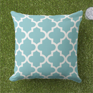 Quatrefoil Pattern   Aqua Blue and White Outdoor Cushion