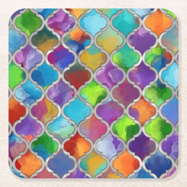 Quatrefoil pattern - Colourful watercolor Square Paper Coaster (Front)