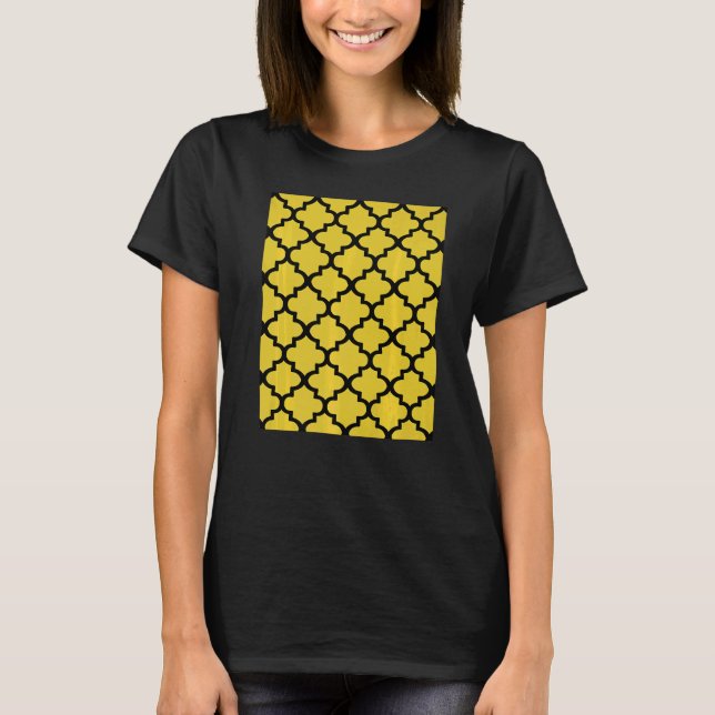 Quatrefoil Pattern In Black Outline On Mustard Yel T-Shirt (Front)