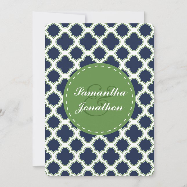 Quatrefoil Pattern Navy Blue & Green Wedding Invitation (Front)