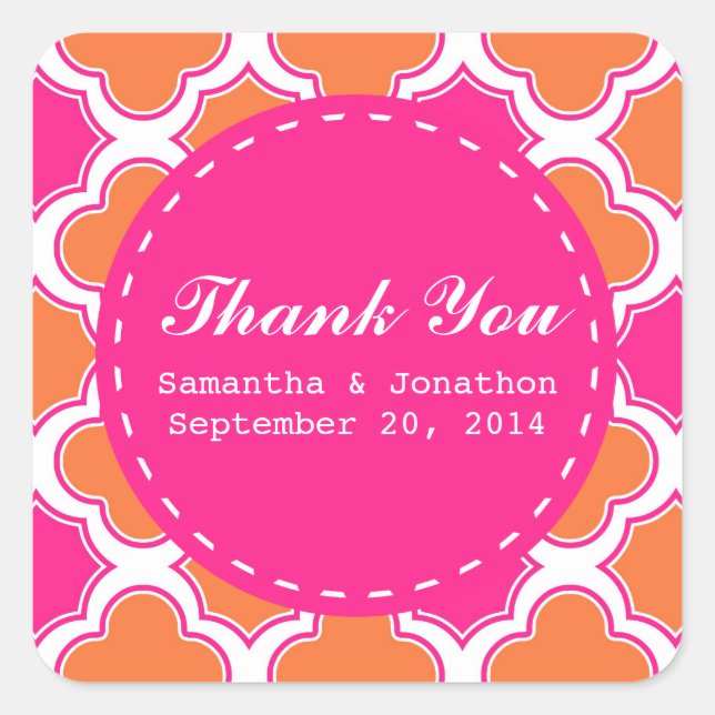 Quatrefoil Pattern Pink and Orange Thank You Square Sticker (Front)