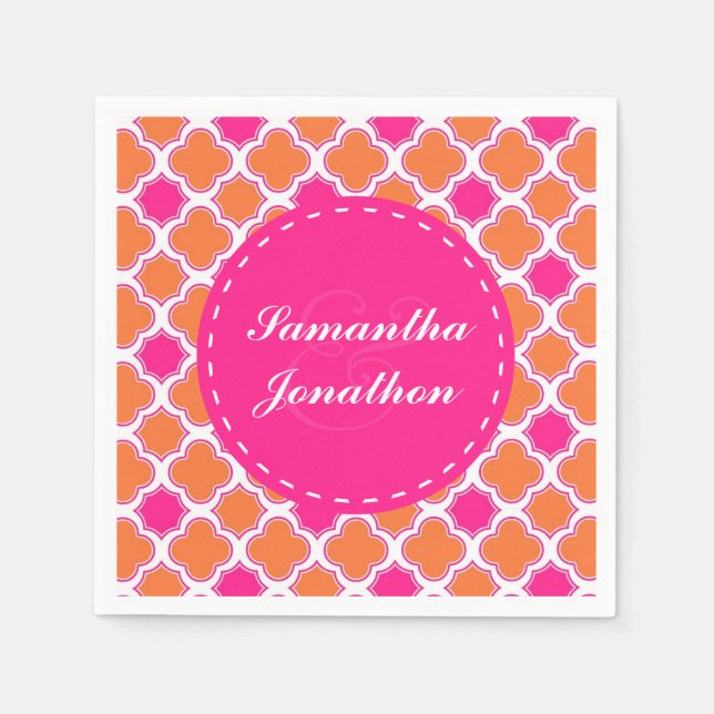 Quatrefoil Pattern Pink and Orange Wedding Napkin (Front)