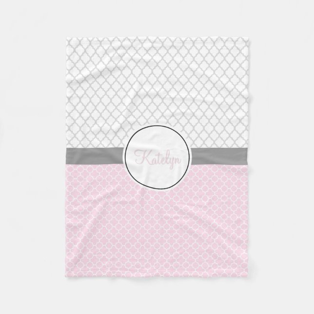 Quatrefoil Pattern Pink Grey | Custom Monogrammed Fleece Blanket (Front)
