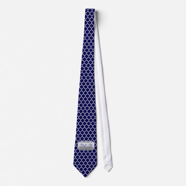 Quatrefoil Pattern Royal Blue&Silver Monogram Tie (Front)