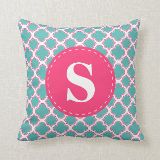 Quatrefoil Pattern Turquoise Blue & Pink Monogram Cushion