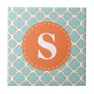 Quatrefoil Pattern Turquoise Orange with Monogram Tile