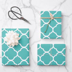 Quatrefoil Patterns Teal White Lattice Christmas Wrapping Paper Sheet