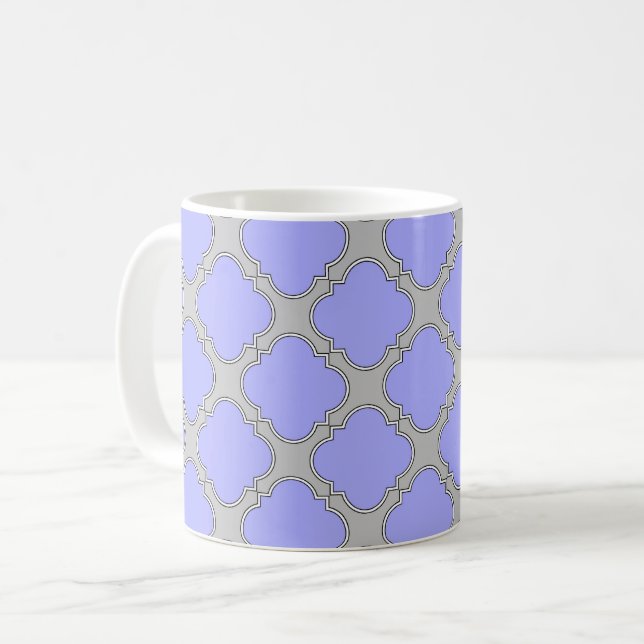 Quatrefoil periwinkle and grey coffee mug (Front Left)