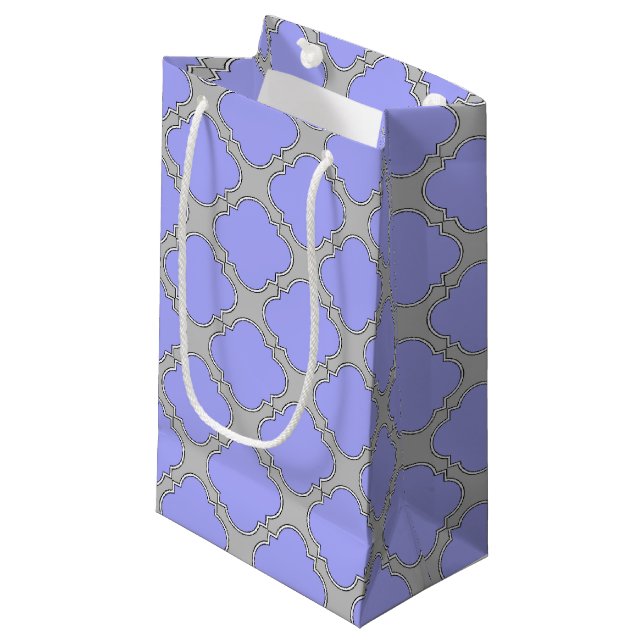 Quatrefoil periwinkle and grey small gift bag (Front Angled)