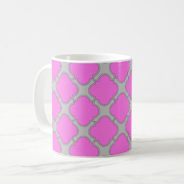 Quatrefoil pink and grey coffee mug (Front Left)