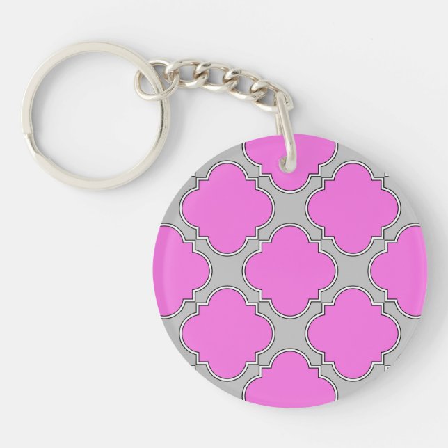 Quatrefoil pink and grey key ring (Front)