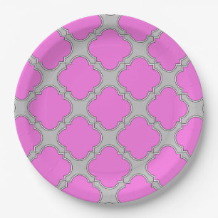 Quatrefoil pink and grey paper plate