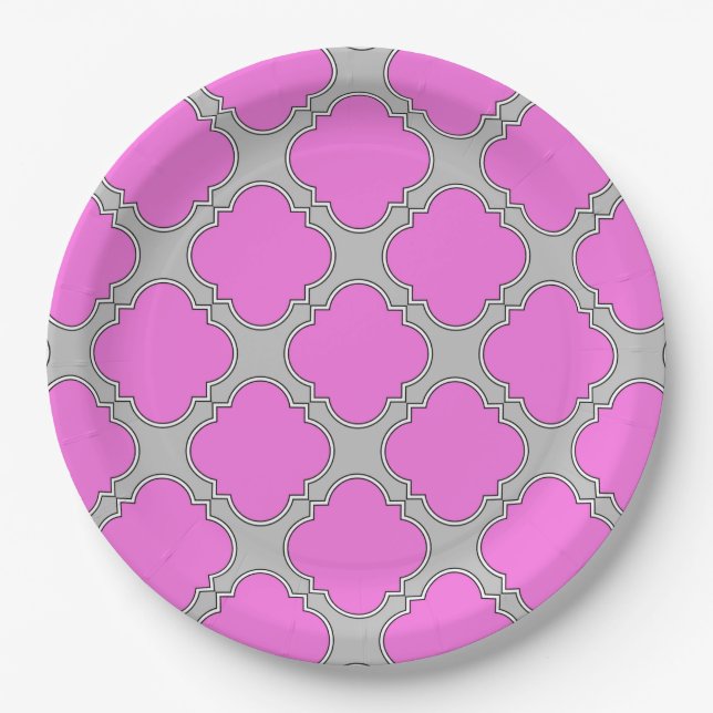 Quatrefoil pink and grey paper plate (Front)
