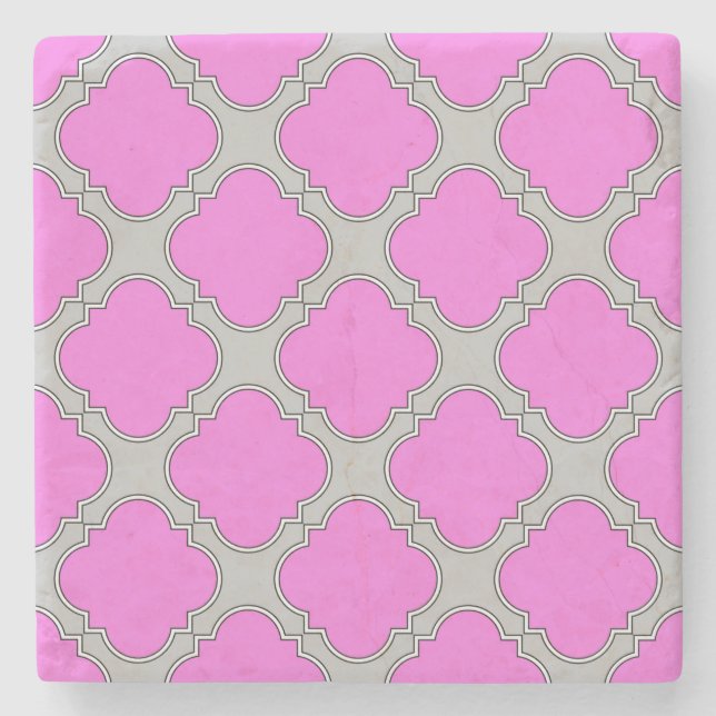 Quatrefoil pink and grey stone coaster (Front)
