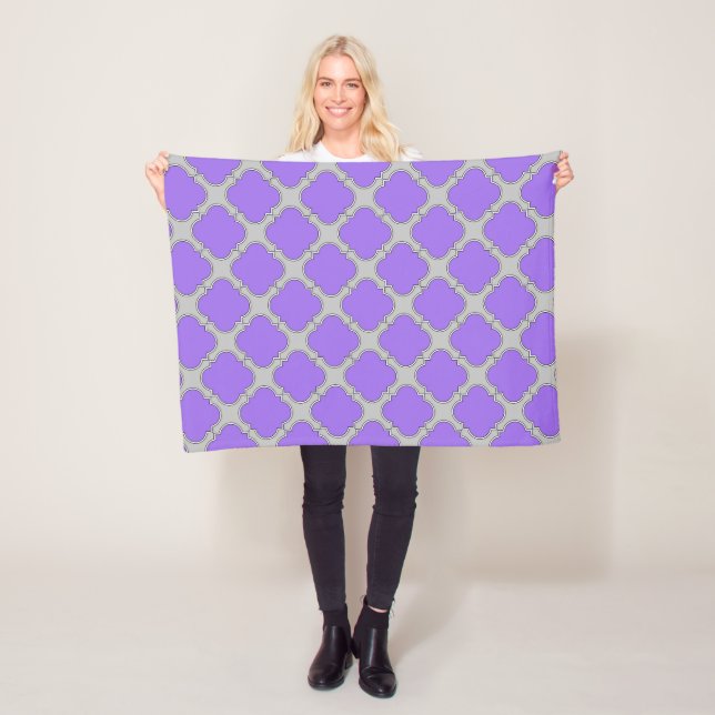 Quatrefoil purple and grey fleece blanket (In Situ)