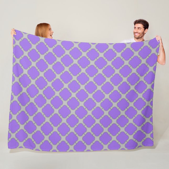 Quatrefoil purple and grey fleece blanket (In Situ)