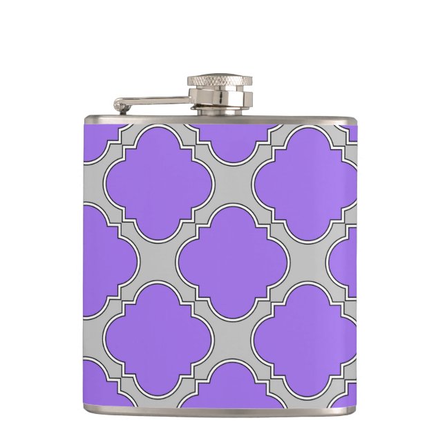 Quatrefoil purple and grey hip flask (Front)