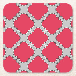 Quatrefoil red and grey square paper coaster
