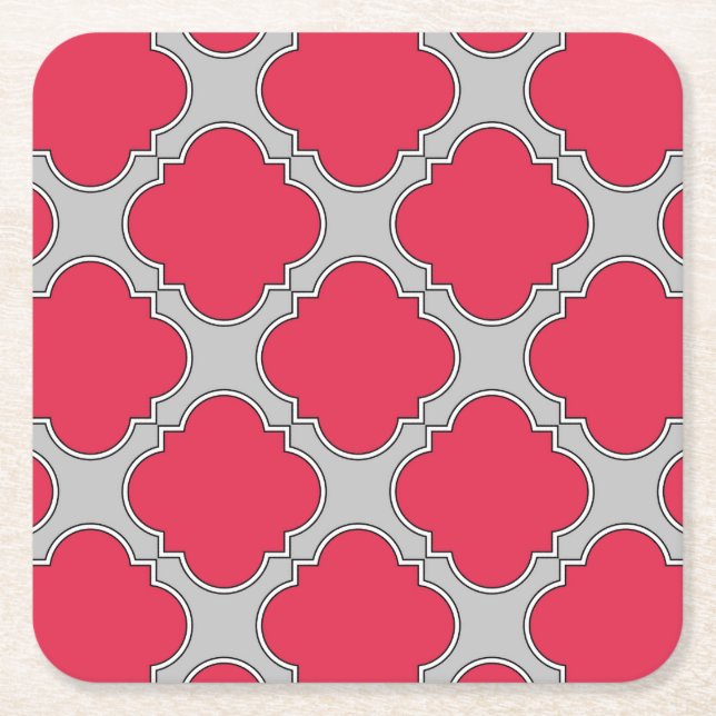 Quatrefoil red and grey square paper coaster (Front)