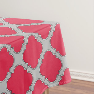 Quatrefoil red and grey tablecloth
