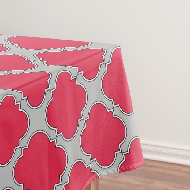Quatrefoil red and grey tablecloth (In Situ)