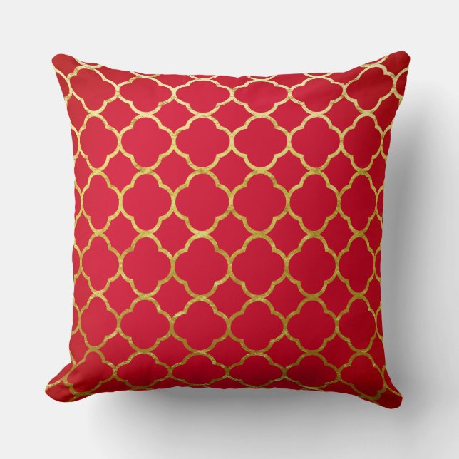 Quatrefoil Red Gold Foil Lattice Patterns Sparkly Cushion (Front)