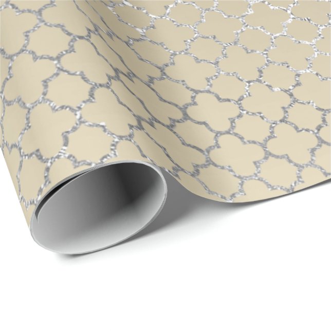 Quatrefoil Silver Glam Art Deco Ivory Shiny Wrapping Paper (Roll Corner)