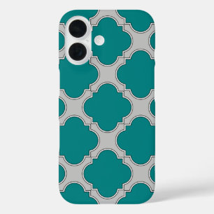 Quatrefoil teal and grey iPhone 16 case