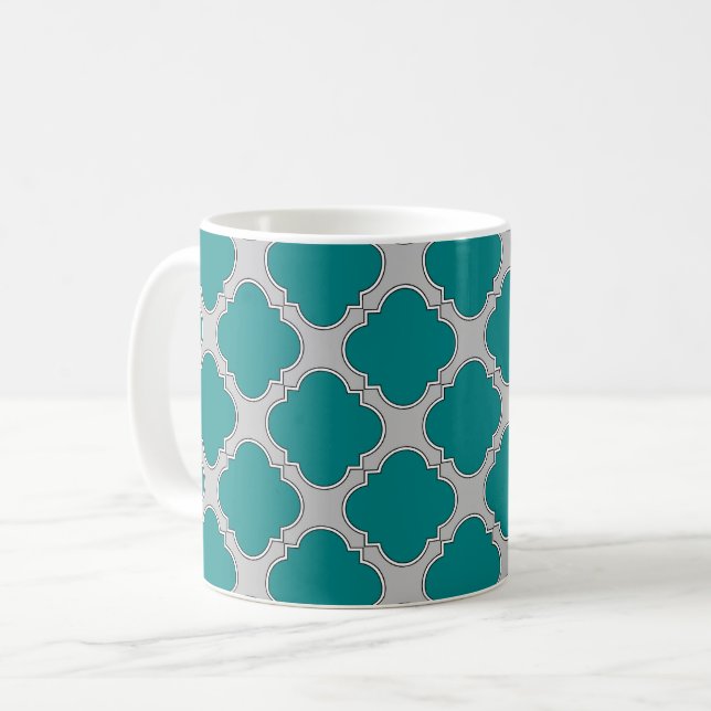 Quatrefoil teal and grey coffee mug (Front Left)