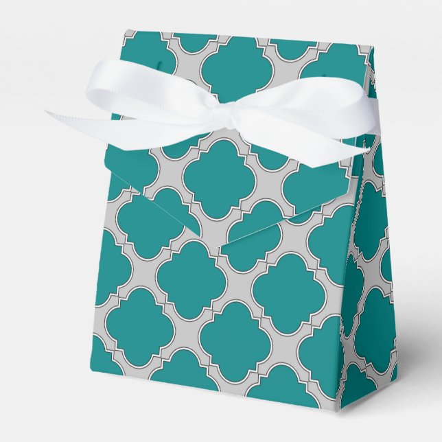 Quatrefoil teal and grey favour box (Front Side)
