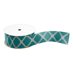 Quatrefoil teal and grey grosgrain ribbon