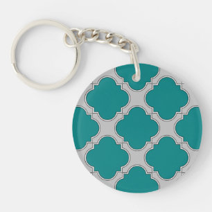 Quatrefoil teal and grey key ring